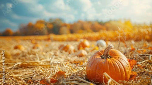 A bright autumn day in a pumpkin field with scattered pumpkins and a backdrop of colorful fall foliage, ideal for seasonal themes.