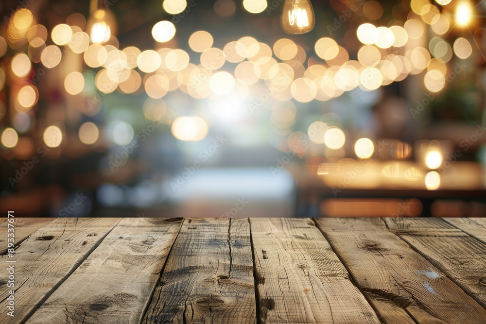 Empty wooden table top with lights bokeh on blur restaurant background with generative ai Empty wooden table top with lights bokeh on blur restaurant background with generative ai
