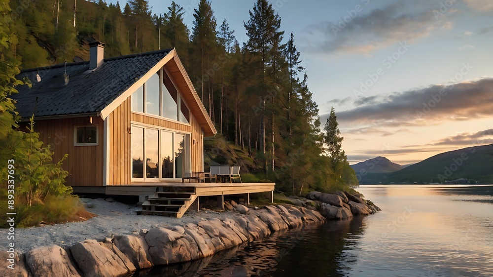 wooden cabin with a deck overlooking a calm lake wooden cabin with a deck overlooking a calm lake