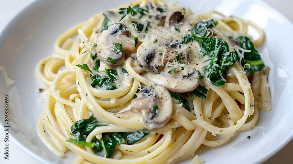 Delicious creamy spinach and mushroom pasta on a white plate.
Delicious creamy spinach and mushroom pasta on a white plate.