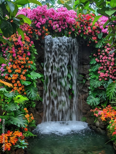 Waterfall in a garden of vibrant flowers, evoking a sense of peace and wonder, designed to enhance the visual appeal of content