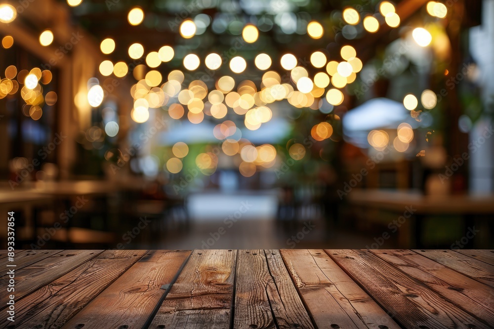 Empty wooden table top with lights bokeh on blur restaurant background with generative ai Empty wooden table top with lights bokeh on blur restaurant background with generative ai