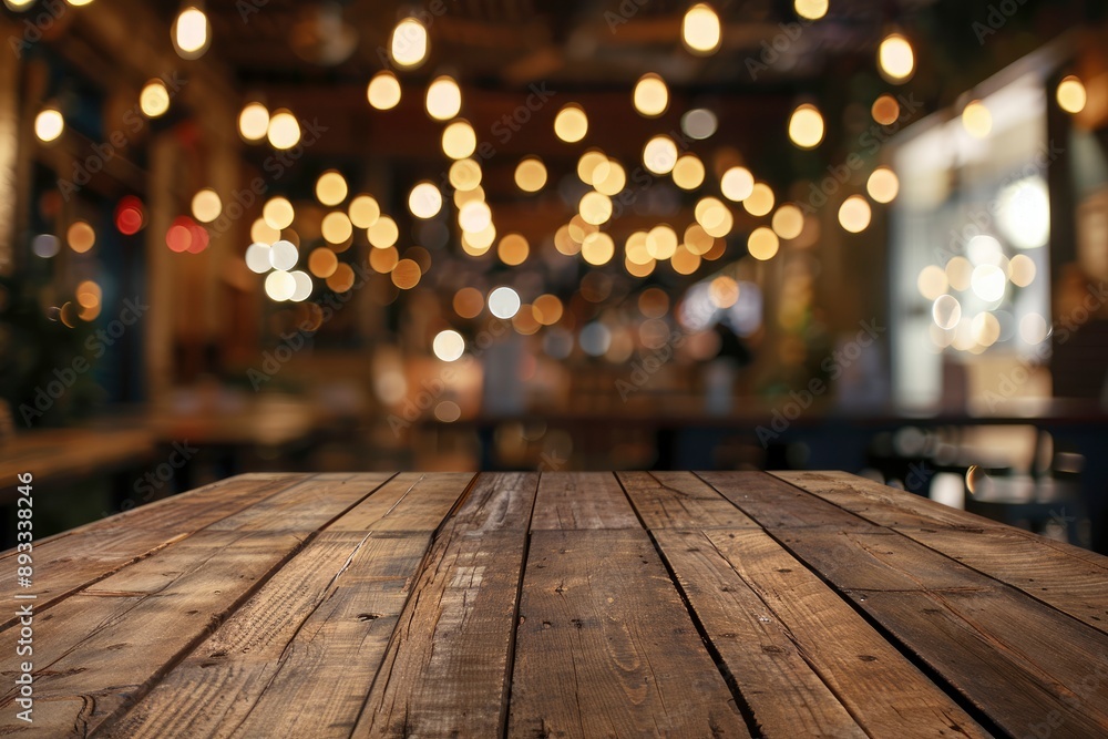 Empty wooden table top with lights bokeh on blur restaurant background with generative ai Empty wooden table top with lights bokeh on blur restaurant background with generative ai
