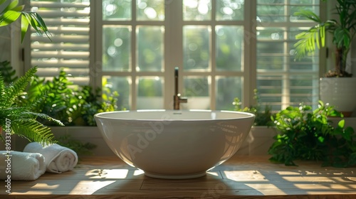 White Freestanding Tub in a Sunlit Bathroom With Plants