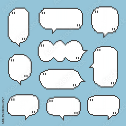 collection set of retro game 8bit pixel speech bubble balloon black and white color with quotation marks, flat design vector illustration
