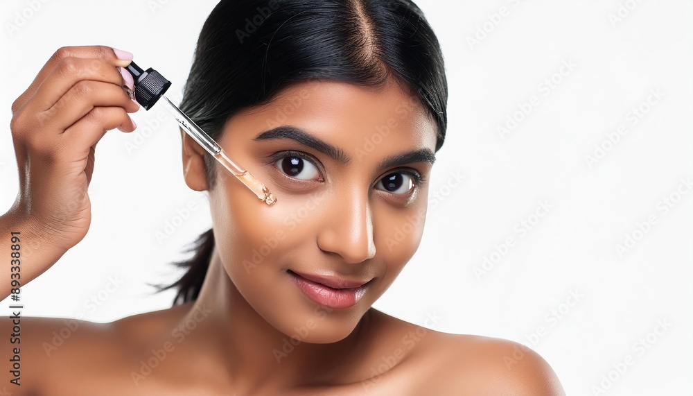 Obraz premium Beautiful Woman holding a Pipette with Skincare Serum - Applying Serum to her Face - Hyaluronic Acid, Anti Aging, Moisturiser, Repair, Hydrating, Vitamin, Ascorbic, Retinol, Exfoliant, Azelaic