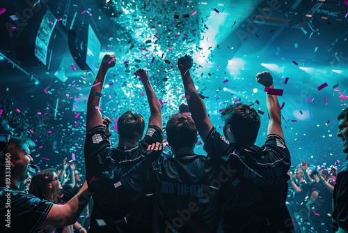 An e-sports team, celebrating a victory in front of a cheering crowd