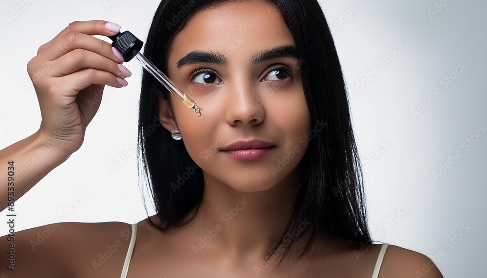 Obraz premium Beautiful Woman holding a Pipette with Skincare Serum - Applying Serum to her Face - Hyaluronic Acid, Anti Aging, Moisturiser, Repair, Hydrating, Vitamin, Ascorbic, Retinol, Exfoliant, Azelaic