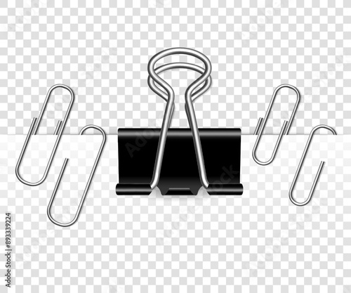 Vector metal paper clip isolated on transparent background. Realistic paper holder.