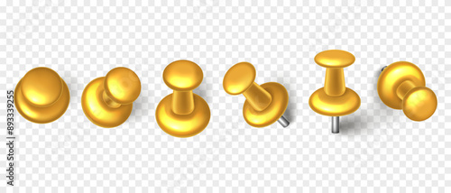 Vector 3D gold push pin with shadow isolated on transparent background. Set of realistic plastic thumbtack in different angles.