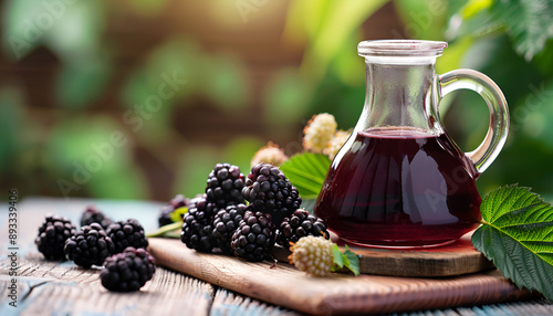 Blackberry juice or syrup in glass cruet on wooden board with fresh berries and green leaves on background