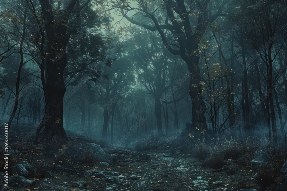 Fototapeta premium Dark and spooky path winding through a foggy forest at night