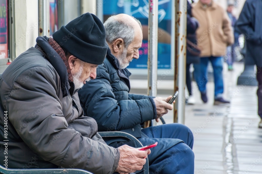Two senior men sitting on bench using smartphones Two senior men sitting on bench using smartphones