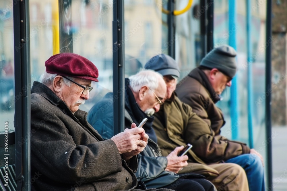 Fototapeta premium Elderly men waiting for bus using smartphones at bus stop