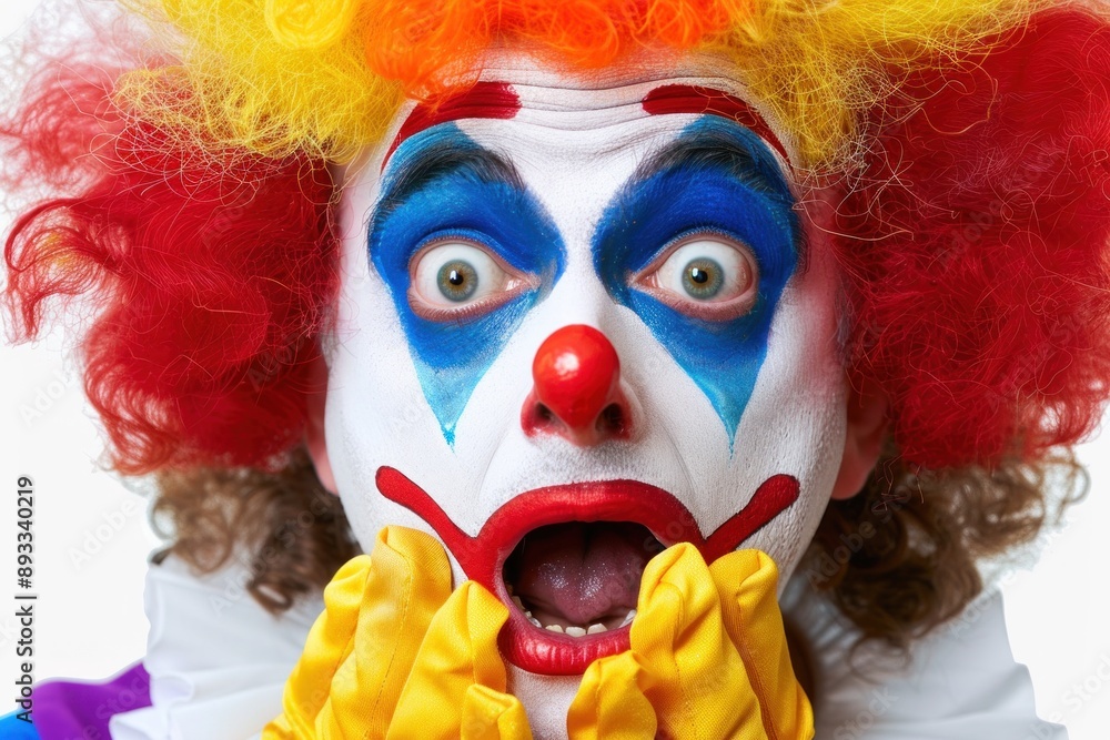 Clown with red hair and colorful makeup looking shocked holding his face with yellow gloves Clown with red hair and colorful makeup looking shocked holding his face with yellow gloves