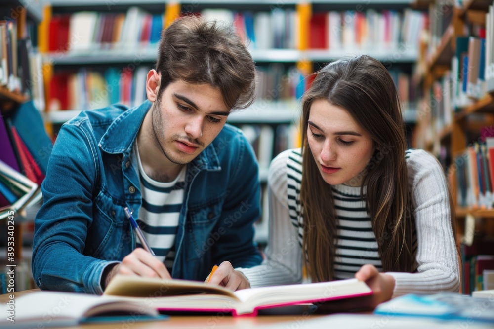 Two young students working together at the library Two young students working together at the library