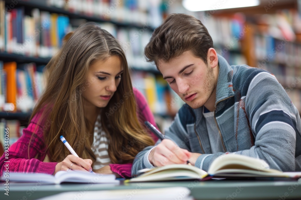Focused students taking notes and studying together in the library Focused students taking notes and studying together in the library