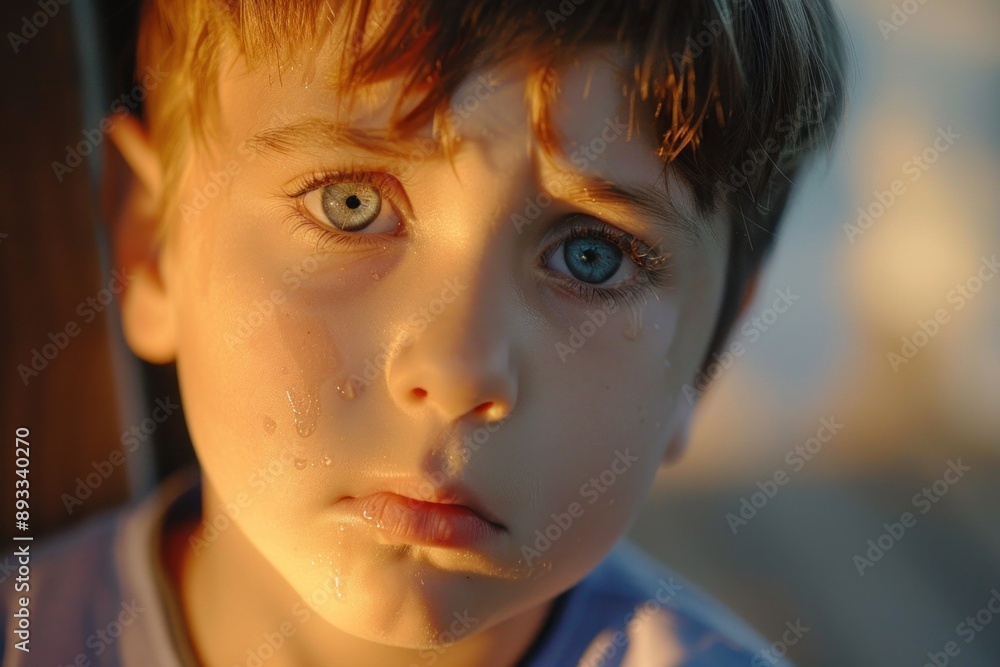 Sad child with tears on face looking upset with golden light Sad child with tears on face looking upset with golden light