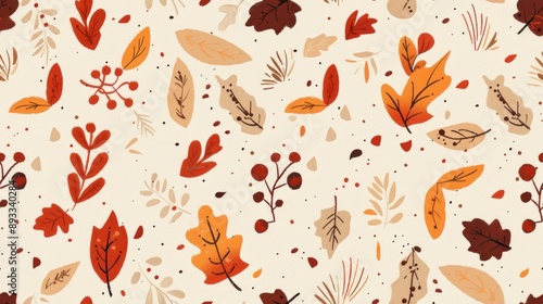 Autumn leaves and berries pattern on a beige background.