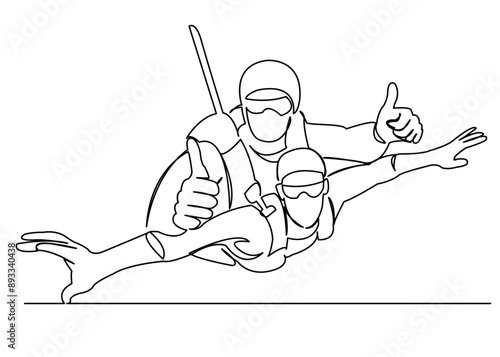 continuous single drawn one line parachutists hand-drawn picture silhouette. Line art. doodle