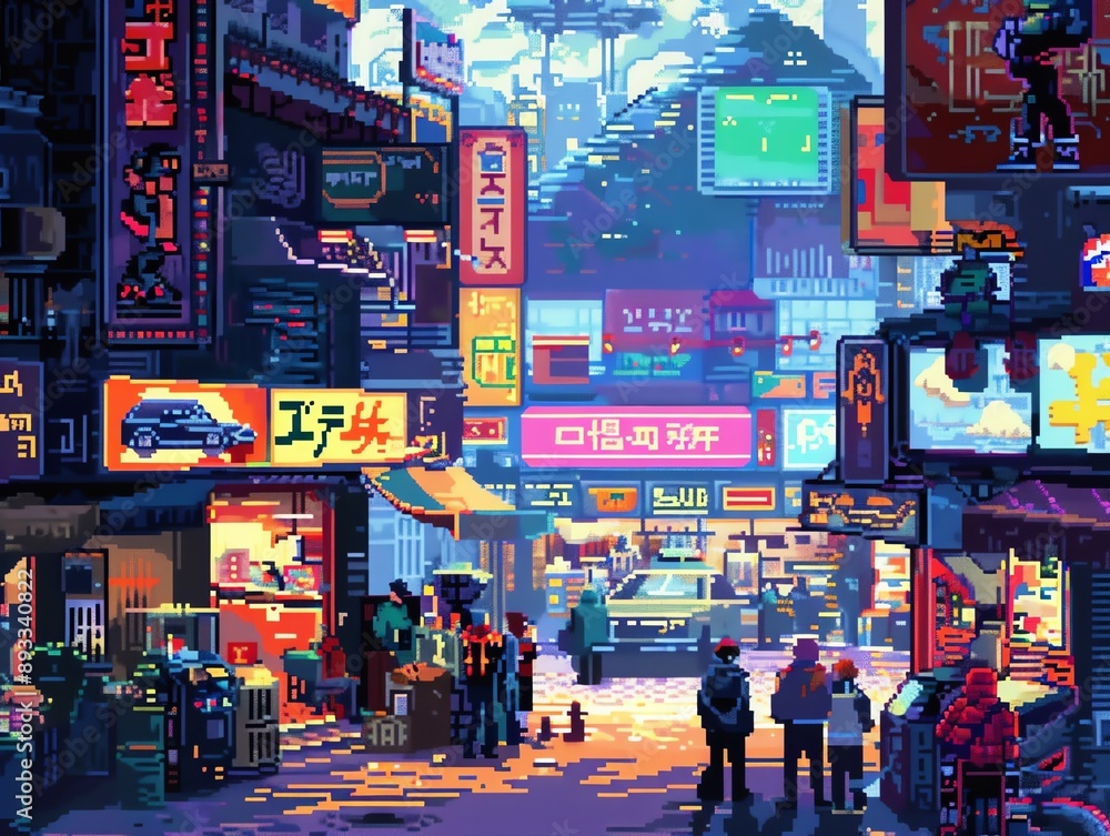 A vibrant, digital art cityscape with bustling streets, neon signs, and people walking in an urban scene, showcasing futuristic vibes. A vibrant, digital art cityscape with bustling streets, neon signs, and people walking in an urban scene, showcasing futuristic vibes.
