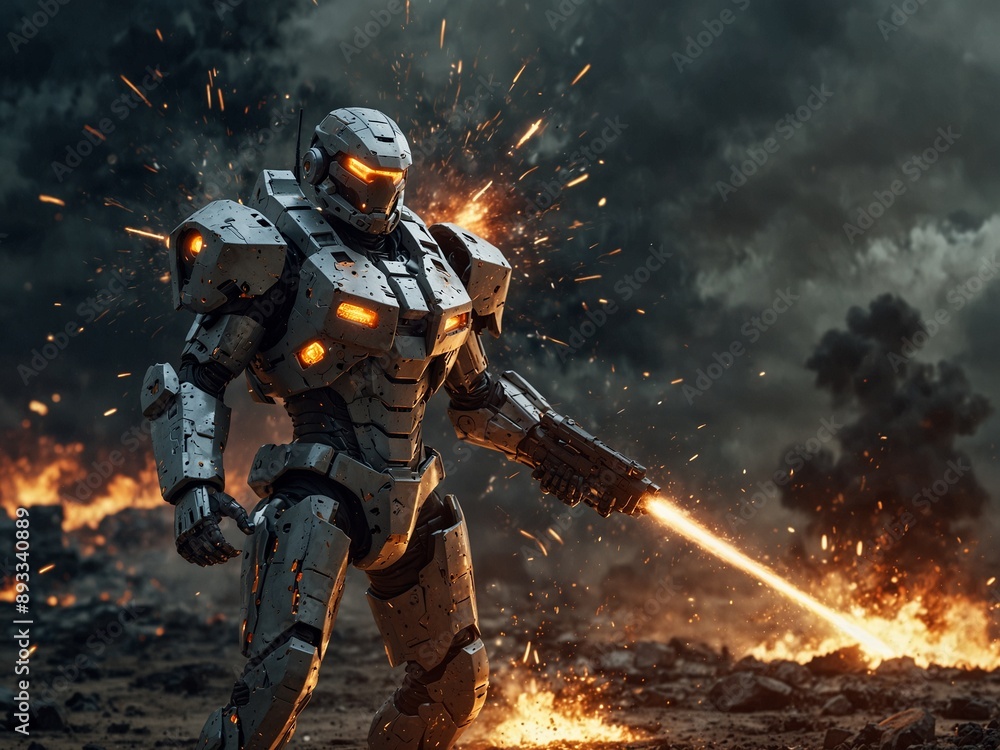 Futuristic warrior on the battlefield, wearing mecha armor, with a high-tech battlefield and sparks of explosions in the background. Futuristic warrior on the battlefield, wearing mecha armor, with a high-tech battlefield and sparks of explosions in the background.