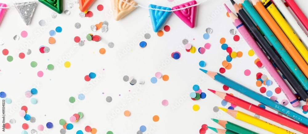Kids party banner with crayons and pencils arranged on a white background. Kids party banner with crayons and pencils arranged on a white background.