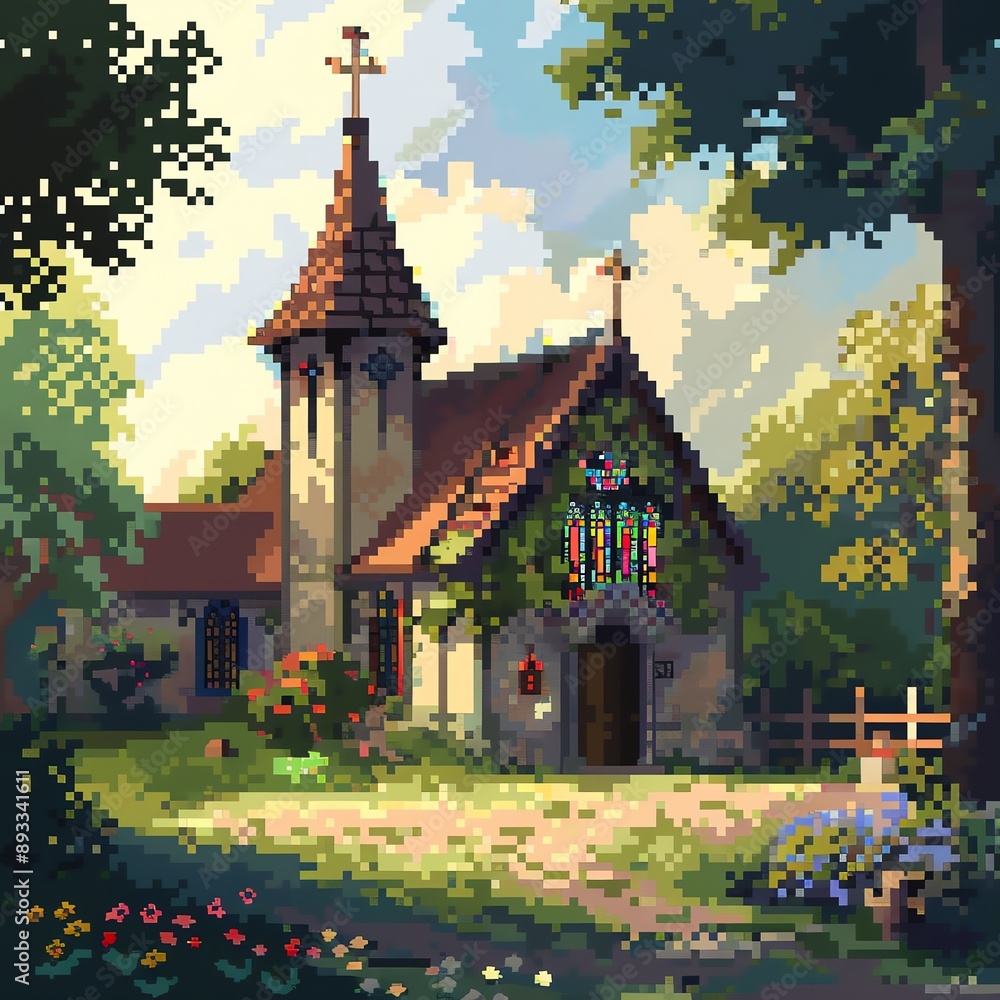 Obraz premium Charming pixel art chapel surrounded by lush greenery with sunlight streaming through the trees, creating a peaceful atmosphere.