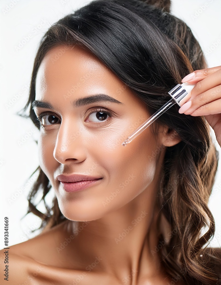 Beautiful Woman holding a Pipette with Skincare Serum - Applying Serum to her Face - Hyaluronic Acid, Anti Aging, Moisturiser, Repair, Hydrating, Vitamin, Ascorbic, Retinol, Exfoliant, Azelaic Beautiful Woman holding a Pipette with Skincare Serum - Applying Serum to her Face - Hyaluronic Acid, Anti Aging, Moisturiser, Repair, Hydrating, Vitamin, Ascorbic, Retinol, Exfoliant, Azelaic