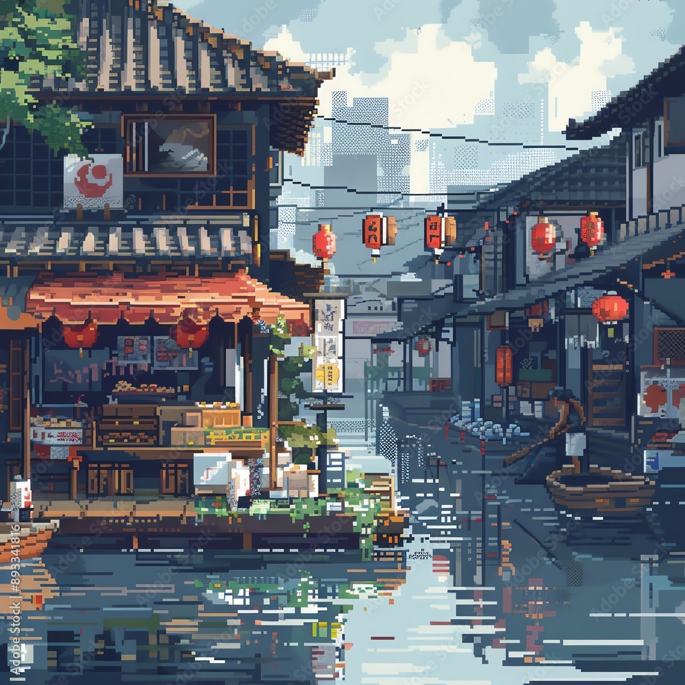 Fototapeta premium Colorful pixel art scene of traditional Japanese market along a canal, with lanterns and shops reflecting in the water.