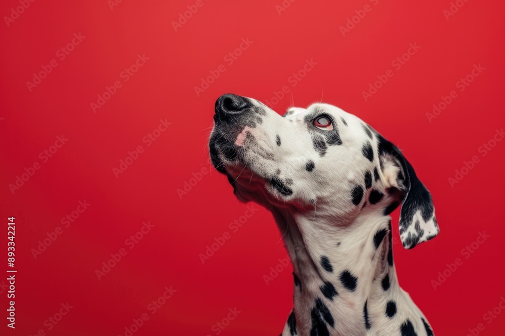 Dog Red Background. Studio Portrait of a Purebred Dalmatian Dog Looking Up Dog Red Background. Studio Portrait of a Purebred Dalmatian Dog Looking Up