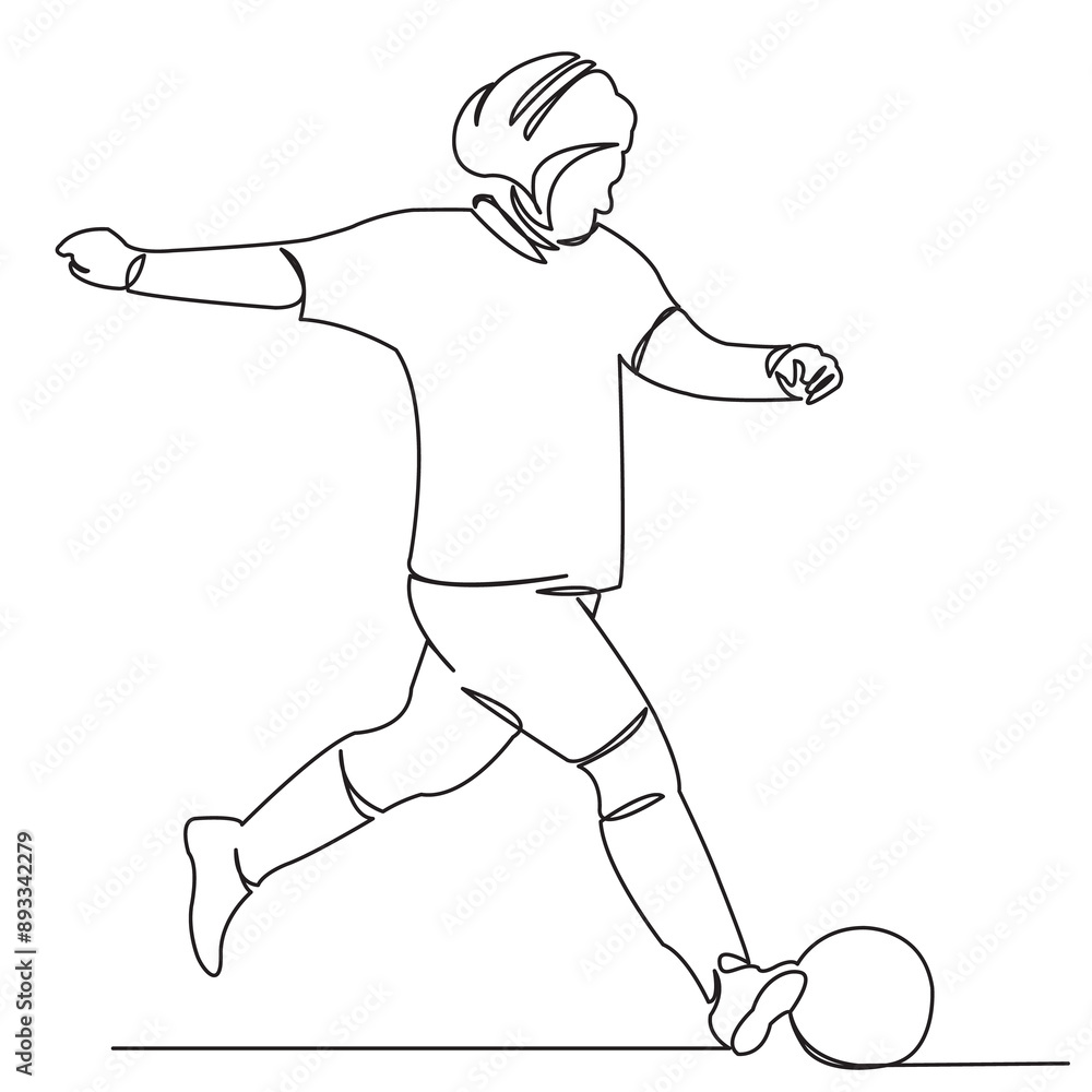 continuous single drawn one line muslim woman playing football hand-drawn picture silhouette. Line art. doodle continuous single drawn one line muslim woman playing football hand-drawn picture silhouette. Line art. doodle
