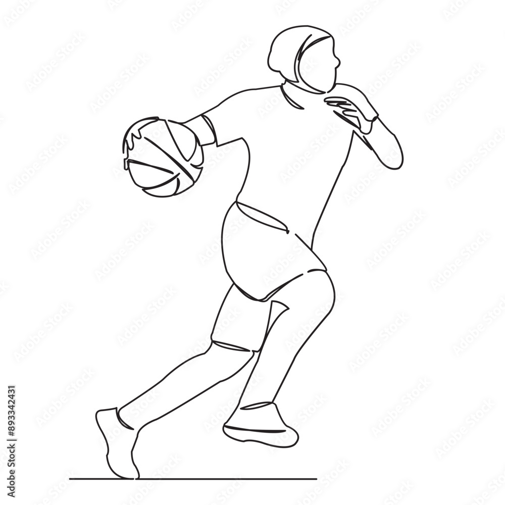 Fototapeta premium One continuous single drawn line art doodle girl, ball, sport, vector, basketball, woman, game, muslim. Isolated hand-drawn outline image on white background.