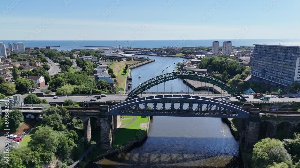 Sunderland City UK North East England Tyne And Wear Monkwearmouth Bridge Stadium Of Light River Wear Seaburn Roker Mackem British Town Drone Aerial View Footage Sunderland City UK North East England Tyne And Wear Monkwearmouth Bridge Stadium Of Light River Wear Seaburn Roker Mackem British Town Drone Aerial View Footage