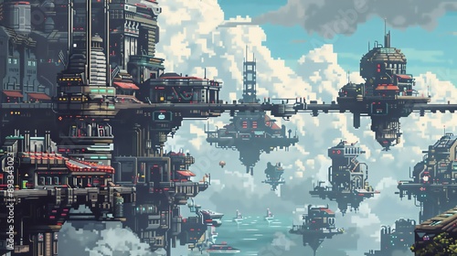 Futuristic cityscape with floating structures and advanced architecture, set against a cloudy sky and surrounded by flying vehicles. photo