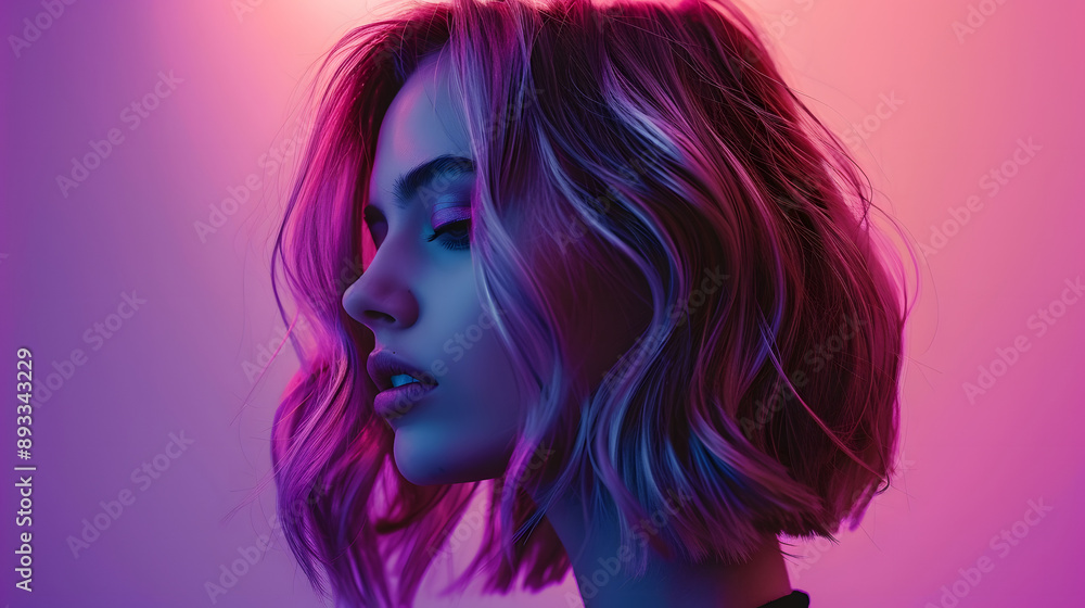 Woman With Balayage Hairstyle Against Purple Background. Concept Fashion Photography, Hair Styling, Colorful Backgrounds, Beauty Portraits, Balayage Hairstyle