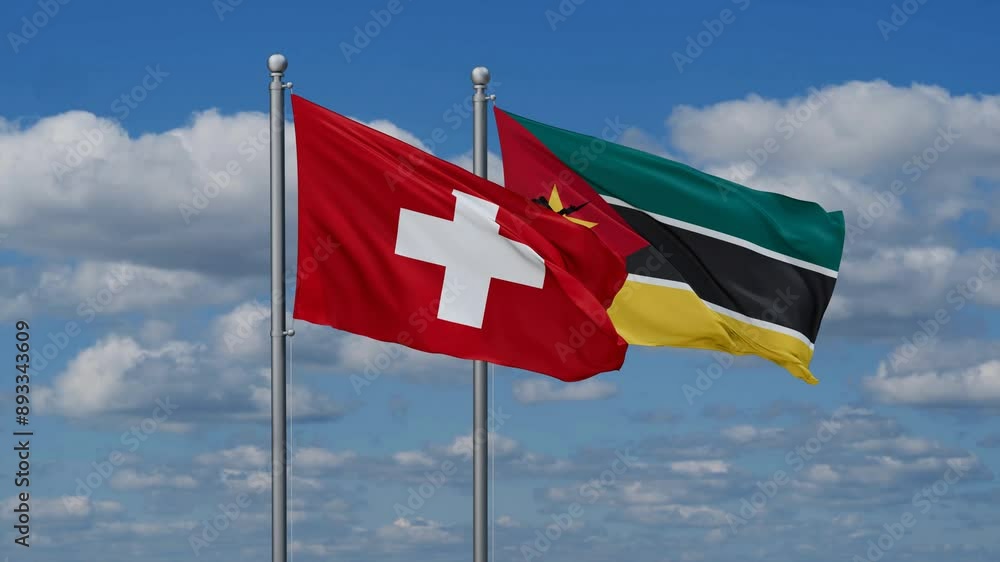 Mozambique and Switzerland flags flying together, video concept of the relationship, two country cooperation concept Mozambique and Switzerland flags flying together, video concept of the relationship, two country cooperation concept