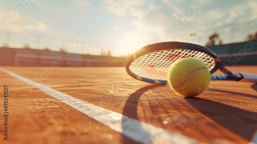 Tennis match with a close-up on the tennis ball and racket on the court. Tennis ball and racket on a clay court at sunset, casting long shadows in warm light.