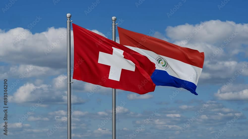 Paraguay and Switzerland flags flying together, video concept of the relationship, two country relations concept Paraguay and Switzerland flags flying together, video concept of the relationship, two country relations concept