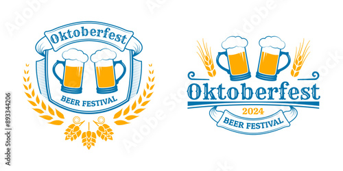 Oktoberfest logo, label or badge set with beer mug icons. Octoberfest, German beer festival poster or banner design. Vector illustration.