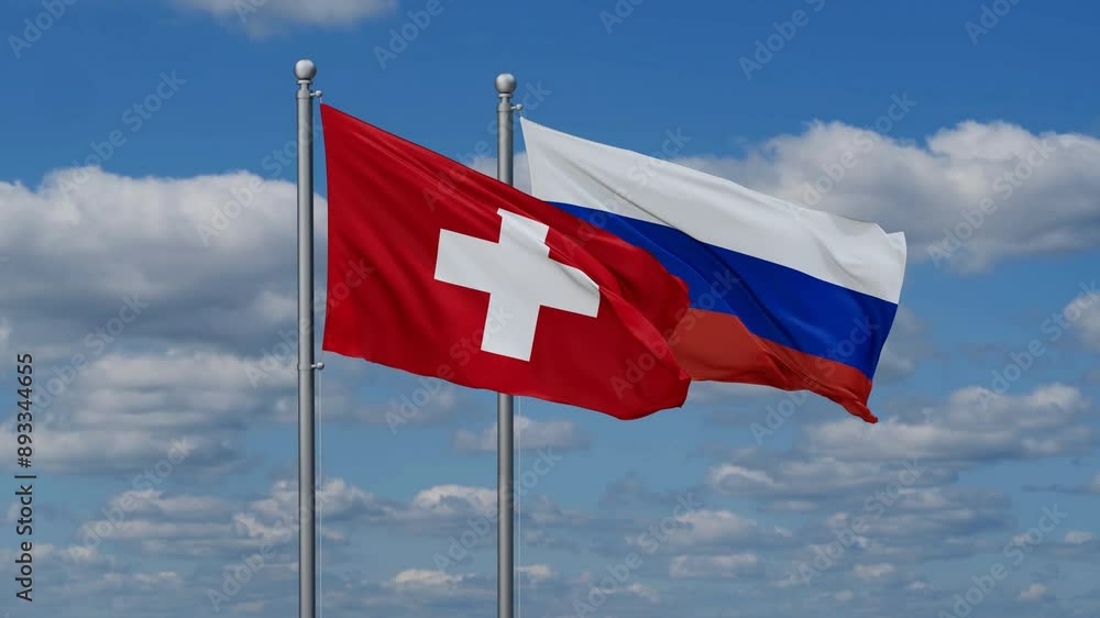 Russian Federation and Switzerland flags flying together, video concept of the relationship Russian Federation and Switzerland flags flying together, video concept of the relationship
