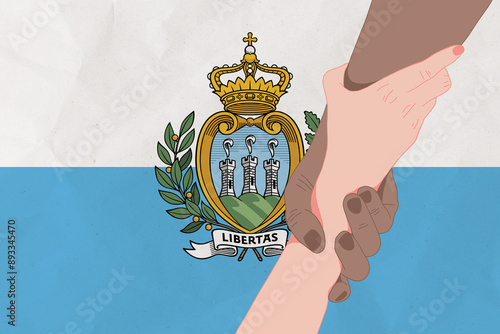 Helping hand against the San Marino flag. The concept of support. Two hands taking each other. A helping hand for those injured in the fighting, lend a hand photo