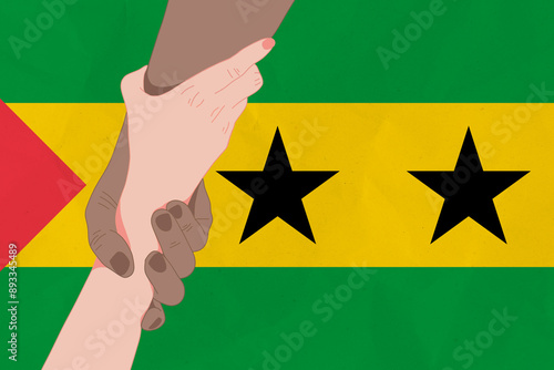 Helping hand against the Sao Tome and Principe flag. The concept of support. Two hands taking each other. A helping hand for those injured in the fighting, lend a hand photo