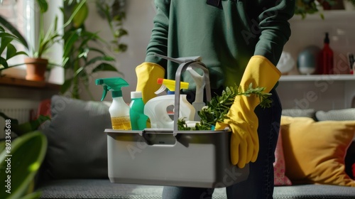 The basket with cleaning supplies photo