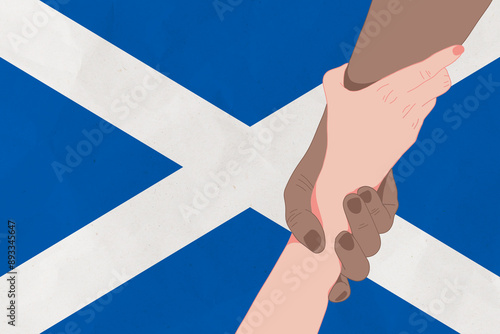 Helping hand against the Scotland flag. The concept of support. Two hands taking each other. A helping hand for those injured in the fighting, lend a hand photo