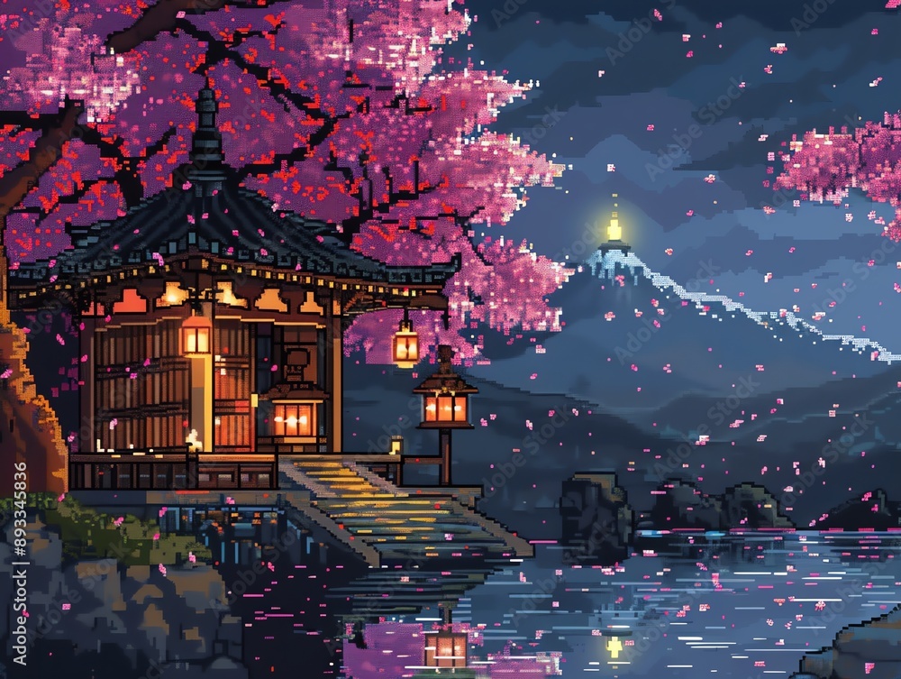 Traditional Japanese pagoda with cherry blossoms on a serene night by a lake, featuring a mountain in the background, depicted in pixel art style. Traditional Japanese pagoda with cherry blossoms on a serene night by a lake, featuring a mountain in the background, depicted in pixel art style.