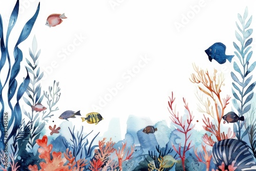 Fototapeta Naklejka Na Ścianę i Meble -  Watercolor sea plants and fish border white background.