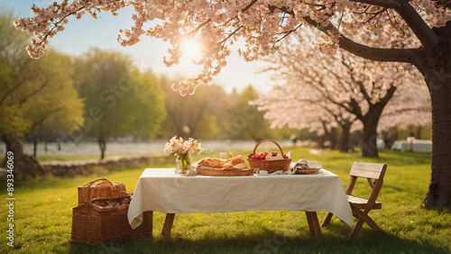 Fototapeta Naklejka Na Ścianę i Meble -  Picnic basket with food and champagne on table in spring park with blooming cherry trees. Romantic picnic in nature