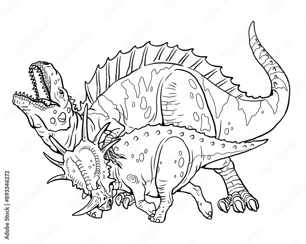 Fight between two dinosaurs. Styracosaurus fighting with the predatory ...