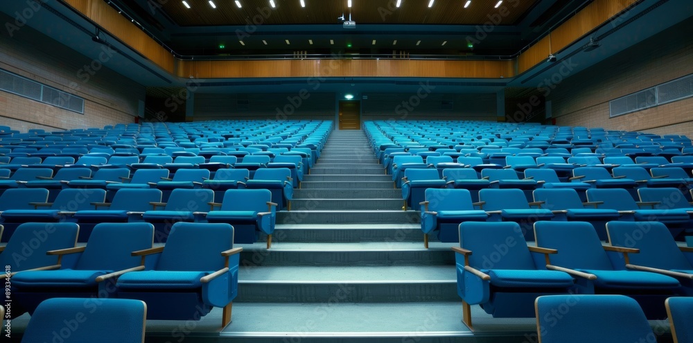 Fototapeta premium A vast lecture hall stands ready with its blue seats inviting intellectual gatherings.